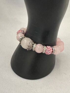 Rose Quartz Bead Stretch Bracelet with Silver Accents